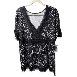 New Torrid Super Soft Black Polka Dot Lace Trim Babydoll Top Women 2 18-20 Retro